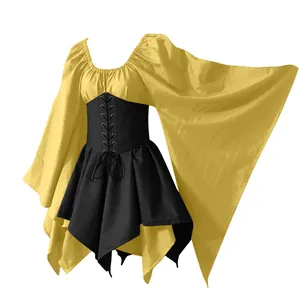 Side view of a yellow and black medieval Renaissance dress with flared sleeves.