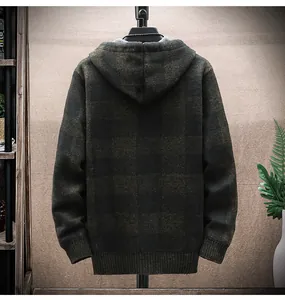 Rear view of a men's dark plaid knitted hooded cardigan jacket, ideal for autumn wear.