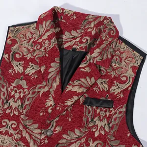 Detailed view of the red floral jacquard pattern and lapel on a men's stylish suit vest