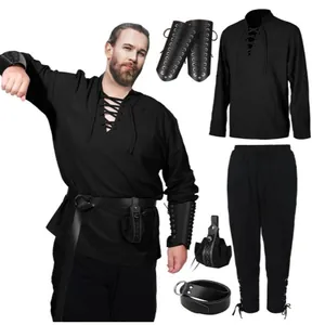 Set Costume da Pirata Medievale Rinascimentale per Uomo Halloween Cosplay Camicia Stringata Pantaloni alla Caviglia Cintura Parabraccia