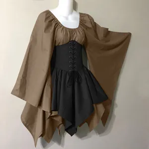 Medieval Renaissance style dress with flared sleeves and lace-up corset waist detail