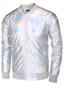 Chaqueta bomber holográfica plateada metalizada con acabado brillante para fiestas