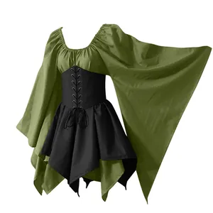 Close-up detail of green and black Renaissance medieval dress with wide flared sleeves