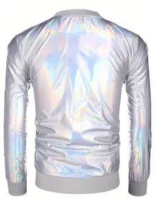 Vista posterior de la chaqueta bomber metálica holográfica plateada para fiesta disco