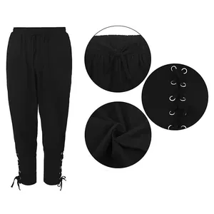 Pantaloni da pirata medievale nero da uomo con lacci alle caviglie e coulisse