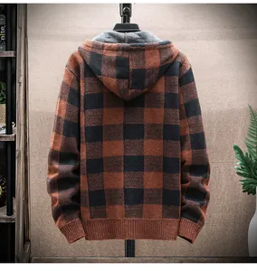 Back view of a men's orange and black plaid hooded cardigan with thick warm lining detail