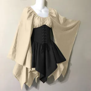 Beige and black Renaissance medieval dress with bell sleeves and corset waist design