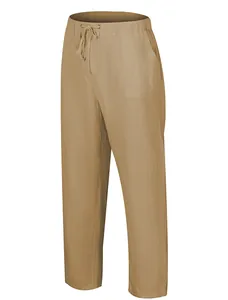 Lässige khakifarbene Herrenhose aus Baumwollleinen mit Kordelzug und geradem Bein