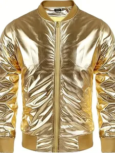 Chaqueta bomber dorada metalizada brillante con cremallera para fiestas de discoteca