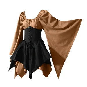Detailed view of medieval Renaissance dress featuring bell sleeves and lace-up corset