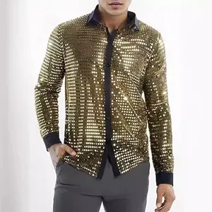Camisa Disco de Lentejuelas para Hombre Manga Larga Metálica Brillante Performance Party Camisa Con Cuello en Contraste Top
