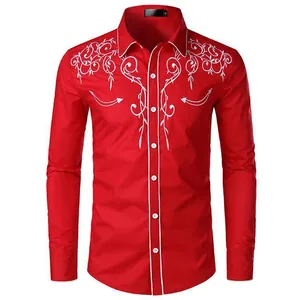 Men Western Cowboy Style Embroidered Shirt Slim Fit Long Sleeve Button Up Top Contrast Piping Floral Pattern Casual Shirt