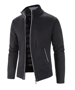 Cardigan in maglia da uomo con cerniera e fodera in pile a quadri ispessita per l'inverno