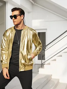 Chaqueta bomber dorada metalizada para hombre, estilo disco de los 70 con cremallera