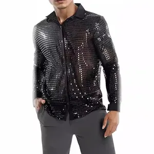 Camisa de lentejuelas negras de manga larga para hombre para fiesta disco de los 70