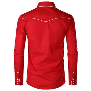 Detailed back view of a red Western style cowboy shirt with white piping and yoke