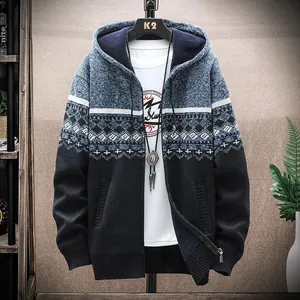 Casual men's hooded knit cardigan with geometric patterns and warm fleece lining for winter