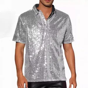 Polo da Uomo Vintage con Paillettes Disco Maglia a Maniche Corte Luccicante per Festa Banchetto Stile Retro Anni 70 Abbigliamento da Spettacolo