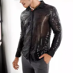Camisa negra de lentejuelas manga larga para fiesta disco