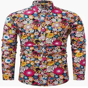Detailed view of men's colorful sunflower floral print ethnic style shirt.