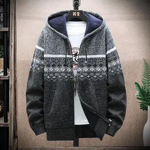Men's autumn winter thick fleece-lined hooded knit cardigan with geometric pattern.