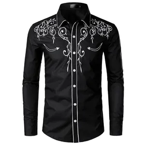Detailed view of a black Western cowboy shirt featuring elegant white floral embroidery.