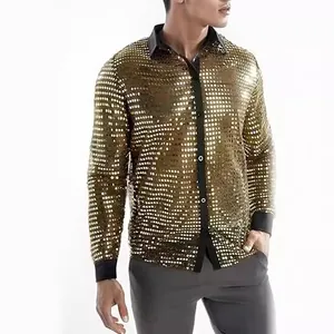 Camisa de lentejuelas doradas para hombre para fiesta disco de los años 70 y baile.