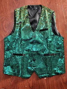 Close-up showing the vibrant green and gold gradient sequin texture on this men's vest