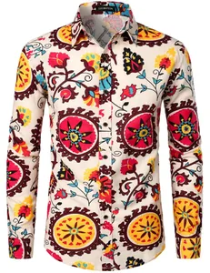 Front view of men's long-sleeve shirt with vibrant ethnic floral pattern.