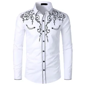 Front view of white long-sleeved shirt with black Western style embroidery details