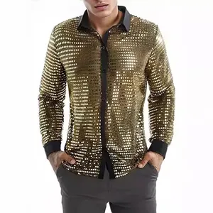 Camisa de lentejuelas doradas para hombre, ideal para fiestas disco de los 70 y escenario
