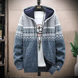 Casual men's zip-up hooded knit jacket with thick fleece lining and geometric patterns