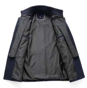 Detailed view of men's navy blue business wool coat showing lining and double collar design.
