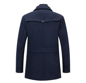 Detailed back view of a navy blue business wool coat for men with elegant button design