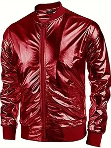 Primer plano de la tela metálica roja brillante de una chaqueta de fiesta disco