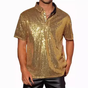 Polo da uomo con paillettes dorate lucide per feste a tema disco anni settanta
