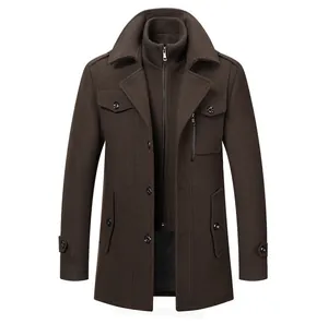 Close-up of men's dark brown wool coat featuring a stylish double collar and front buttons.