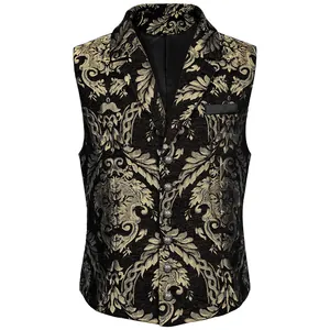 Detailed view of the intricate gold and black damask pattern on a men's suit vest