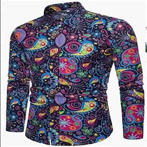 Detailed view of vibrant paisley and ethnic print on men's long sleeve shirt