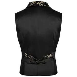 Detailed back view of men's black slim fit waistcoat with gold baroque patterns