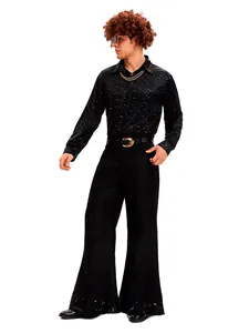 Full body view of a mens 70s disco costume including a sequined shirt and bell bottom pants