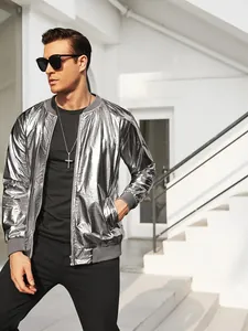 Chaqueta bomber plateada metalizada para hombre, ideal para fiestas disco y celebraciones