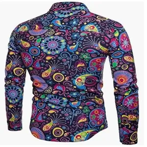 Back view of men's long sleeve shirt with vibrant ethnic paisley print pattern