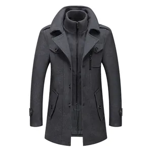 Detailed front view of a premium dark gray men's business wool coat with double collar