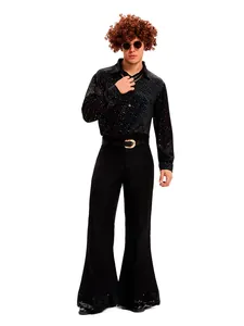 Full view of men's retro disco hippie costume with sequin shirt and bell bottoms