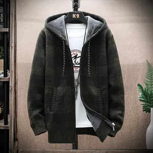 Men's stylish dark green plaid knitted zip-up hoodie jacket with ribbed cuffs and hem