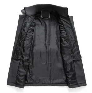 Detailed view of men's wool coat featuring a smooth inner lining and double collar design.