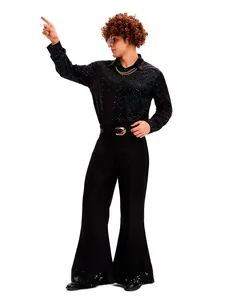Full body view of adult male retro 70s disco costume including bell bottom pants and afro wig