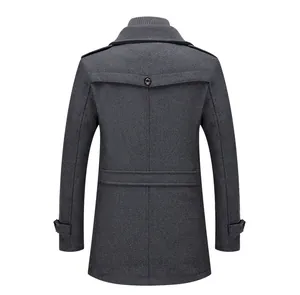 Back view of men's elegant grey wool business coat with double collar detail for winter.