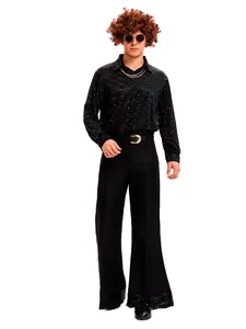 Men's retro 70s disco costume with sequined shirt and bell bottom pants